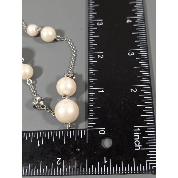 Retro White Faux Pearl Station Chain Rhinestone Long Layering Necklace 34" - Picture 7 of 7
